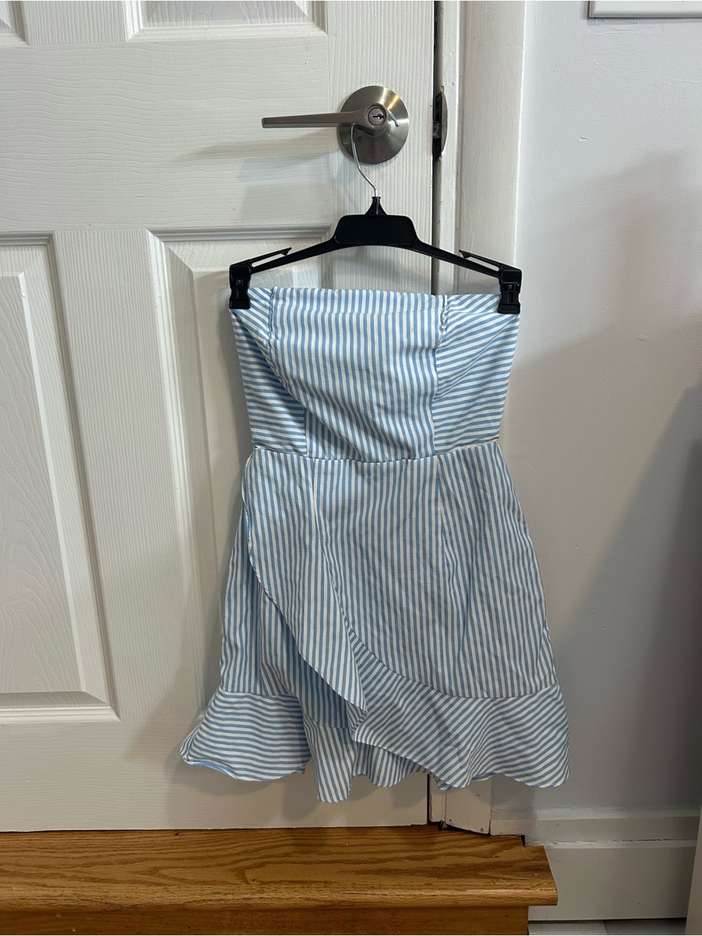 by the way. Strapless Light Blue and White Stripe Ruffle Dress